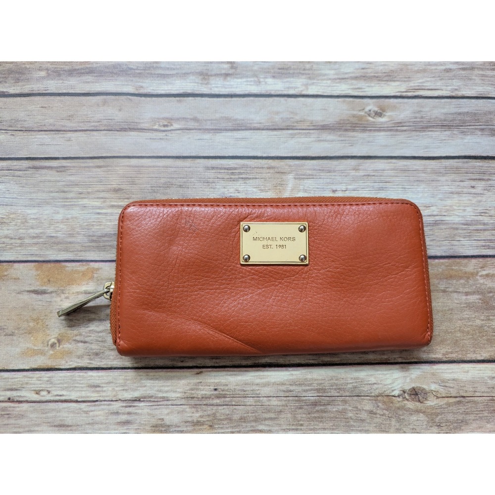 Michael Kors Wallet Women OS Leather Orange Zip Around Gold Logo Plaque